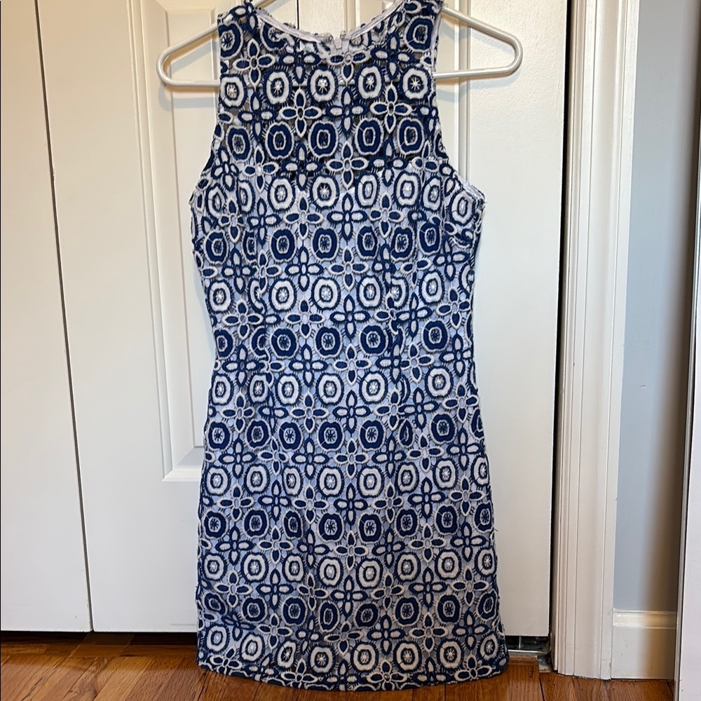 BB Dakota Blue and White Halter Sheath Mini Dress